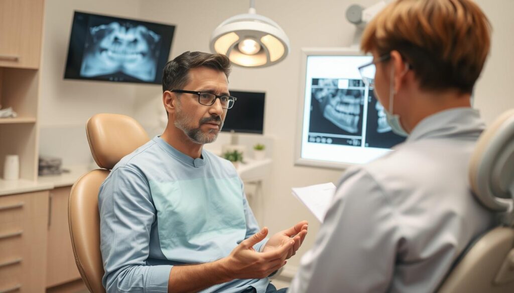A well-lit and informative dental office setting, with a patient sitting in a comfortable chair as a dentist explains the process of dental x-rays. The patient's expression conveys a mix of curiosity and slight apprehension. In the background, diagnostic x-ray images are displayed on a lightbox, highlighting the importance of this procedure. The scene is bathed in a warm, calming color palette, creating an atmosphere of trust and education. The angle captures the dynamic between the dentist and patient, showcasing the dentist's attentive guidance and the patient's engaged participation. A well-lit and informative dental office setting, with a patient sitting in a comfortable chair as a dentist explains the process of dental x-rays. The patient's expression conveys a mix of curiosity and slight apprehension. In the background, diagnostic x-ray images are displayed on a lightbox, highlighting the importance of this procedure. The scene is bathed in a warm, calming color palette, creating an atmosphere of trust and education. The angle captures the dynamic between the dentist and patient, showcasing the dentist's attentive guidance and the patient's engaged participation.