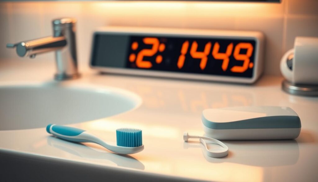 A well-lit bathroom counter with a toothbrush, toothpaste, and dental floss neatly arranged. A digital clock in the background shows the ideal pre-appointment brushing time. Warm, soft lighting creates a calming atmosphere, while the clean, minimalist design reflects the importance of dental hygiene. The scene conveys a sense of preparation and readiness for a successful dental visit, with the necessary tools within easy reach. A well-lit bathroom counter with a toothbrush, toothpaste, and dental floss neatly arranged. A digital clock in the background shows the ideal pre-appointment brushing time. Warm, soft lighting creates a calming atmosphere, while the clean, minimalist design reflects the importance of dental hygiene. The scene conveys a sense of preparation and readiness for a successful dental visit, with the necessary tools within easy reach.