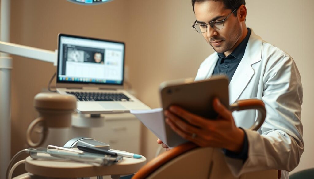 A well-lit close-up shot of a person carefully examining dental equipment and resources, conveying a sense of thoughtful preparation. The foreground features a dental chair, tools, and a laptop displaying information. The middle ground showcases a person in a white coat, their expression focused and attentive. The background subtly blurs, emphasizing the central subject. Soft, warm lighting creates a calming, professional atmosphere, encouraging a sense of confidence and care in the viewer's upcoming dental appointment.