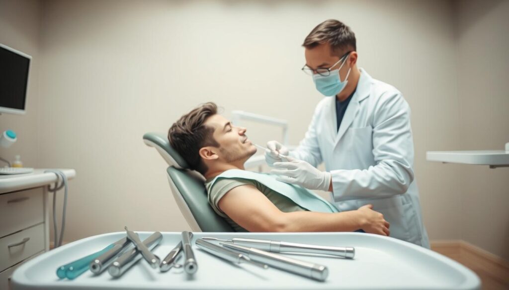 A well-lit dental examination room with a modern dental chair and various dental tools neatly arranged on a tray. In the foreground, a patient reclines comfortably while a dentist, dressed in a clean white coat, leans in to carefully inspect their teeth. The room's walls are painted in a calming, neutral tone, and the lighting casts a warm, inviting glow, creating a sense of professionalism and care. The scene conveys a routine, yet essential, dental visit, where the patient's oral health is the top priority. A well-lit dental examination room with a modern dental chair and various dental tools neatly arranged on a tray. In the foreground, a patient reclines comfortably while a dentist, dressed in a clean white coat, leans in to carefully inspect their teeth. The room's walls are painted in a calming, neutral tone, and the lighting casts a warm, inviting glow, creating a sense of professionalism and care. The scene conveys a routine, yet essential, dental visit, where the patient's oral health is the top priority.