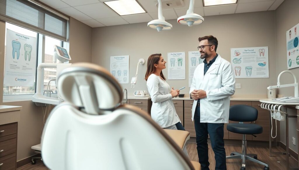 A well-lit dental office interior, with a dentist's chair in the foreground. In the middle ground, a dentist in a white coat stands beside a patient, discussing dental recommendations and demonstrating proper brushing techniques. The background features dental tools, equipment, and educational charts on oral hygiene. The scene conveys a sense of professionalism, trust, and a focus on patient education and preventive care. A well-lit dental office interior, with a dentist's chair in the foreground. In the middle ground, a dentist in a white coat stands beside a patient, discussing dental recommendations and demonstrating proper brushing techniques. The background features dental tools, equipment, and educational charts on oral hygiene. The scene conveys a sense of professionalism, trust, and a focus on patient education and preventive care.