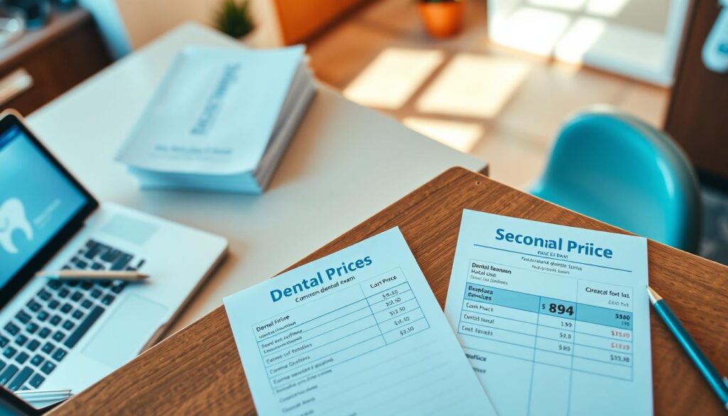 A well-lit, high-angle shot of a dental clinic receptionist's desk, with a laptop, pen, and a stack of paperwork visible. On the desk, a price list for common dental services, including the cost of a routine dental exam, is prominently displayed. The clinic's branding and decor create a professional, yet welcoming atmosphere. The image captures the practical, informative nature of a dental exam price breakdown, suitable for an article on dental costs in the United States.