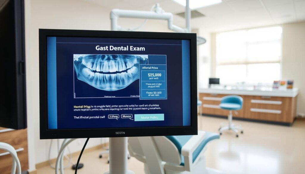 A well-lit, high-resolution interior scene of a modern dental clinic. In the foreground, a close-up view of a patient's dental x-ray displayed on a computer screen, highlighting the affordable cost breakdown. The middle ground features a dental exam chair with various medical instruments, conveying a sense of professionalism and attentiveness to patient care. The background showcases a reception desk with informative pamphlets and a warm, inviting atmosphere. The overall composition emphasizes the accessibility and transparency of the dental exam pricing, creating a visually engaging representation of the section's theme.