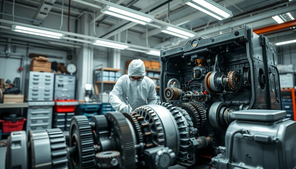 A well-lit industrial workshop with a focus on the intricate mechanisms of a commercial-grade cleaning machine. The foreground features the machine's internal components and gears, meticulously disassembled and laid out. In the middle ground, a technician in a white protective suit, gloves, and goggles carefully inspects and cleans each part. The background showcases the workshop's organized workspace, with shelves of spare parts and specialized cleaning tools. The lighting is a combination of bright overhead lamps and focused task lighting, casting dramatic shadows and highlighting the machine's complex inner workings. The overall atmosphere conveys a sense of precision, attention to detail, and the importance of thorough, professional-grade deep cleaning.