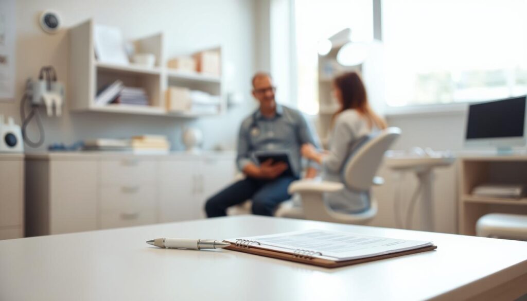 A well-lit medical office, with a doctor's desk in the foreground. On the desk, a clipboard and pen, symbolizing the gathering of medical history. In the middle ground, a patient sitting upright, providing information to the doctor. The background features medical equipment and shelves, conveying a professional, clinical atmosphere. Soft, natural lighting from a window illuminates the scene, creating a warm, welcoming ambiance. The overall mood is one of attentive care and open communication between the patient and the healthcare provider, reflecting the importance of gathering relevant medical history for a thorough dental examination.