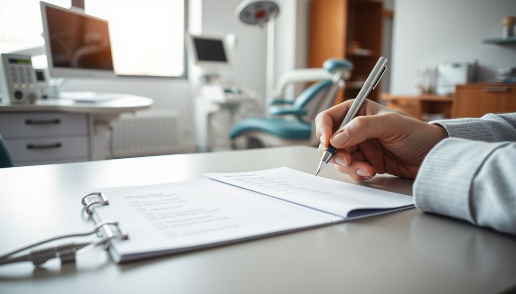 A well-lit office desk with a notepad, pen, and a dental checkup form. In the foreground, a person's hands are thoughtfully writing down questions to ask the dentist during the upcoming appointment. The background features medical equipment, a dental chair, and a window providing natural lighting. The scene conveys a sense of preparation and attentiveness, with a clean, professional atmosphere to help the subject feel at ease and ready to have a productive conversation with the dentist.
