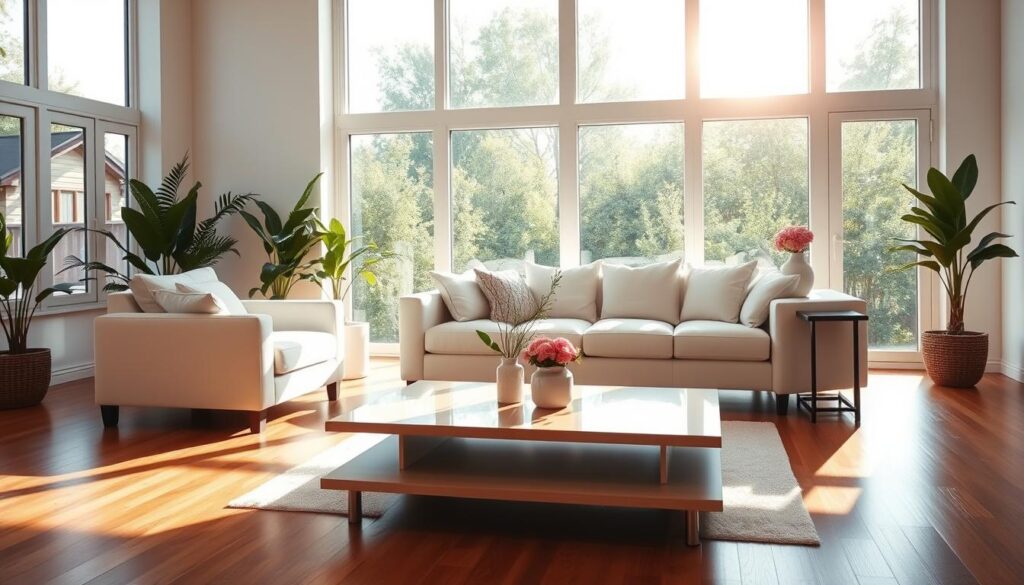 Bright, airy living room with large windows flooding the space with natural light. Plush, spotless sofa and armchair arranged around a sleek, polished coffee table. Hardwood floors gleam, reflecting the sunlight. Potted plants and vases of fresh flowers add pops of verdant color. Minimalist, modern decor exudes a sense of order and tranquility. Warm, diffused lighting filters in, creating a soothing, therapeutic ambiance. A serene, rejuvenating scene that embodies the restorative benefits of regular, meticulous home cleaning.