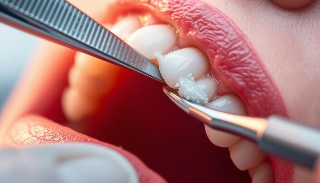 Oral hygiene deep clean: A detailed close-up view of a dentist's tool meticulously scraping and polishing a tooth's surface, capturing the intricate process of removing stubborn plaque and tartar buildup. The scene is lit with warm, focused lighting, emphasizing the texture and contours of the tooth enamel. The background is blurred, drawing the viewer's attention to the precise, delicate movements of the dental instrument. The mood is one of clinical focus and attention to detail, reflecting the importance of this specialized cleaning procedure.