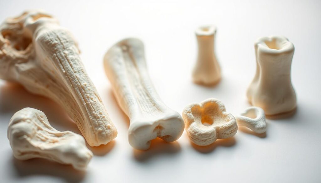 a close-up view of various types of dental bone grafts, including autogenous, allogenic, xenogenic, and synthetic bone grafts, neatly arranged on a clean, neutral background with soft, diffused lighting to highlight their textures and structures, captured with a high-resolution macro lens at a slight angle to provide depth and perspective, conveying a sense of medical precision and educational focus