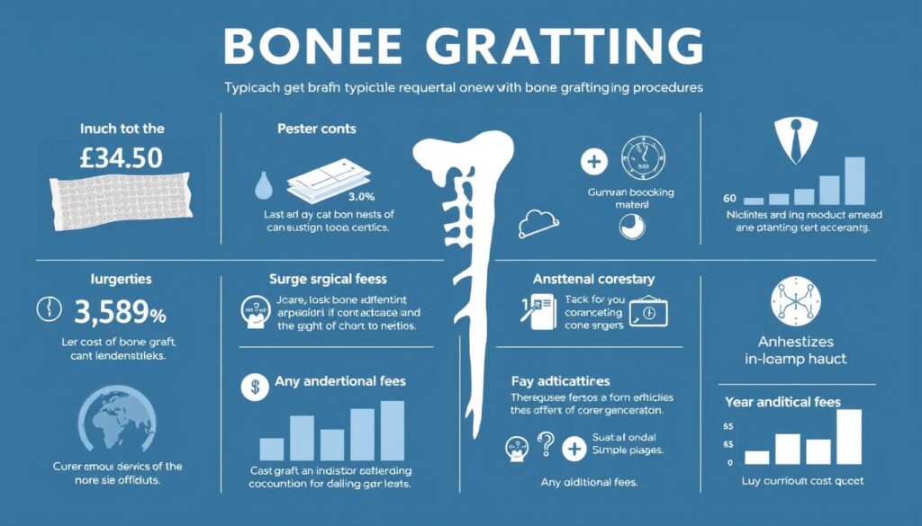 a detailed medical infographic depicting the costs associated with bone grafting procedures. a clean, minimalist design with a neutral color scheme of blues, grays, and whites. the main focus is a clear breakdown of the typical expenses, including the cost of the bone graft material, surgical fees, anesthesia, hospital stay, and any additional fees. supporting information is presented in simple charts and graphs, with icons and subtle textures to enhance the visual interest. the overall mood is informative and educational, with a professional, clinical aesthetic that would be appropriate for a medical article on the topic.