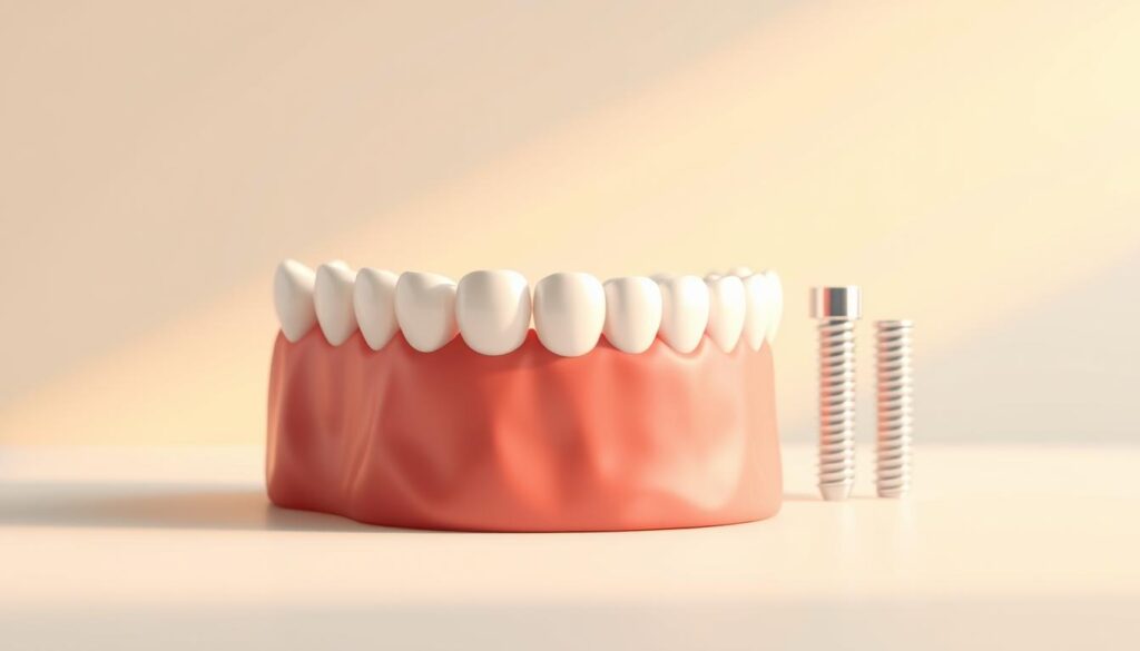 a detailed, realistic 3D rendering of various dental restoration alternatives, including a dental crown, a dental bridge, and dental implants, with a clean, minimalist background that highlights the dental appliances. The scene is illuminated by warm, soft lighting from the side, creating subtle shadows and highlights that emphasize the textures and materials of the dental restorations. The camera angle is slightly elevated, providing a clear, unobstructed view of the different restoration options. The overall mood is one of clinical precision and professionalism, conveying the technical nature of the subject matter.
