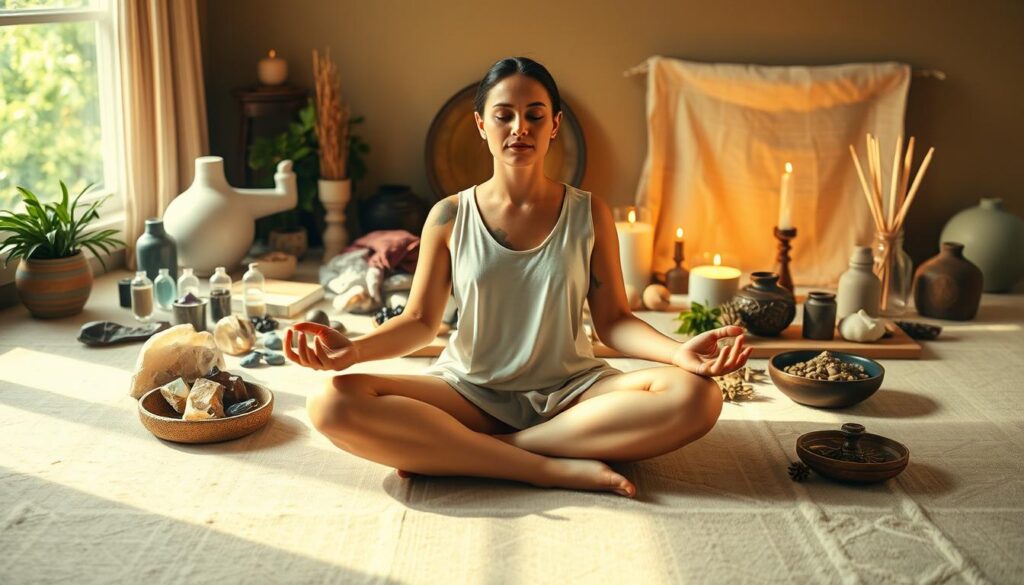 a serene and tranquil scene of alternative healing processes, with a central figure sitting in a lotus position, their hands resting gently on their lap, surrounded by a soft, diffused light. In the background, various healing elements such as crystals, herbs, and incense are arranged harmoniously, conveying a sense of balance and holistic well-being. The scene is captured with a wide-angle lens, creating a sense of depth and immersion, and the lighting is warm and soothing, evoking a calming and introspective atmosphere. The overall composition is carefully crafted to guide the viewer's attention to the central figure, who represents the embodiment of the holistic healing journey.