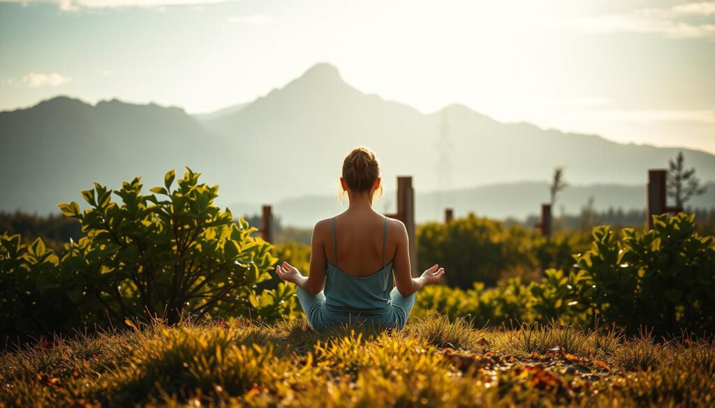 a serene, introspective landscape depicting the psychological healing process. In the foreground, a person sits in a meditative pose, their eyes closed, reflecting inward. The middle ground features lush, verdant foliage, symbolizing the growth and rejuvenation of the mind. In the background, a majestic mountain range stands tall, representing the strength and resilience that can be found through this journey of self-discovery. The scene is bathed in warm, golden light, creating a calming, therapeutic atmosphere. The composition is balanced and harmonious, conveying a sense of inner peace and wholeness.