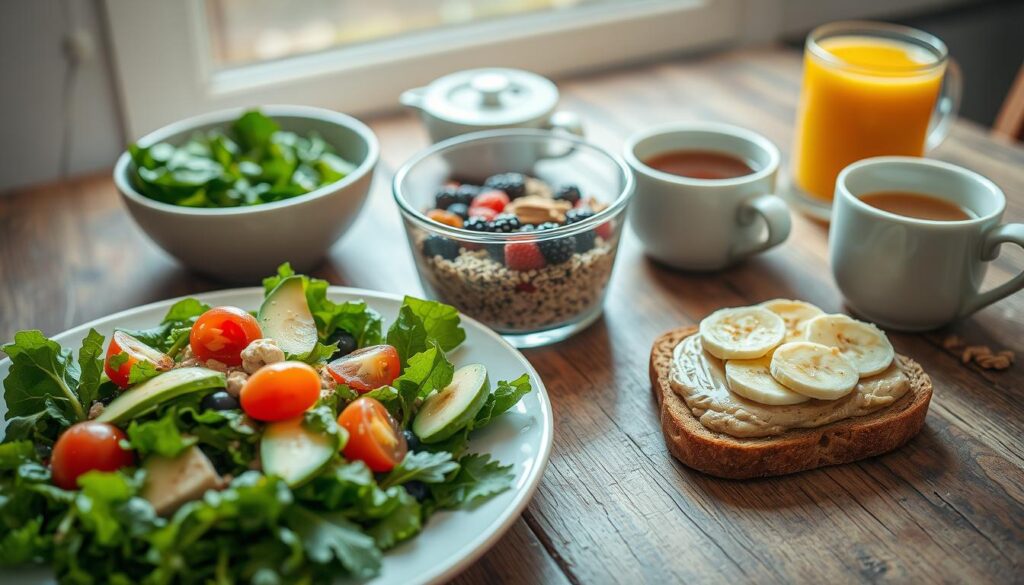 A bountiful array of nutrient-dense pre-dental meal options arranged on a rustic wooden table. In the foreground, a plate showcases a vibrant green salad adorned with sliced avocado, cherry tomatoes, and a light vinaigrette. Alongside, a bowl of overnight oats with chia seeds, berries, and a drizzle of honey. In the middle ground, a whole-wheat toast slice topped with creamy almond butter and sliced banana. In the background, a glass of freshly squeezed orange juice and a cup of herbal tea, creating a soothing and nourishing scene. Soft, natural lighting from a nearby window casts a warm glow, and the overall composition evokes a sense of health and wellness, ideal for fueling up before a dental appointment.