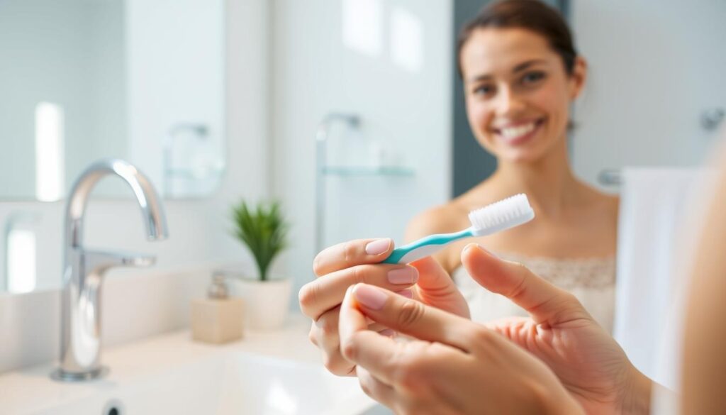 A bright, airy bathroom setting with a sleek, modern sink and countertop. In the foreground, a person's hands gently hold a toothbrush, the bristles gently gliding across their teeth, creating a fresh, sparkling smile. Soft, diffused lighting illuminates the scene, highlighting the gleam of clean, healthy enamel. In the background, a minimalist mirror reflects the person's face, showcasing the results of their dental cleaning. The overall atmosphere conveys a sense of rejuvenation and a renewed confidence in one's smile.