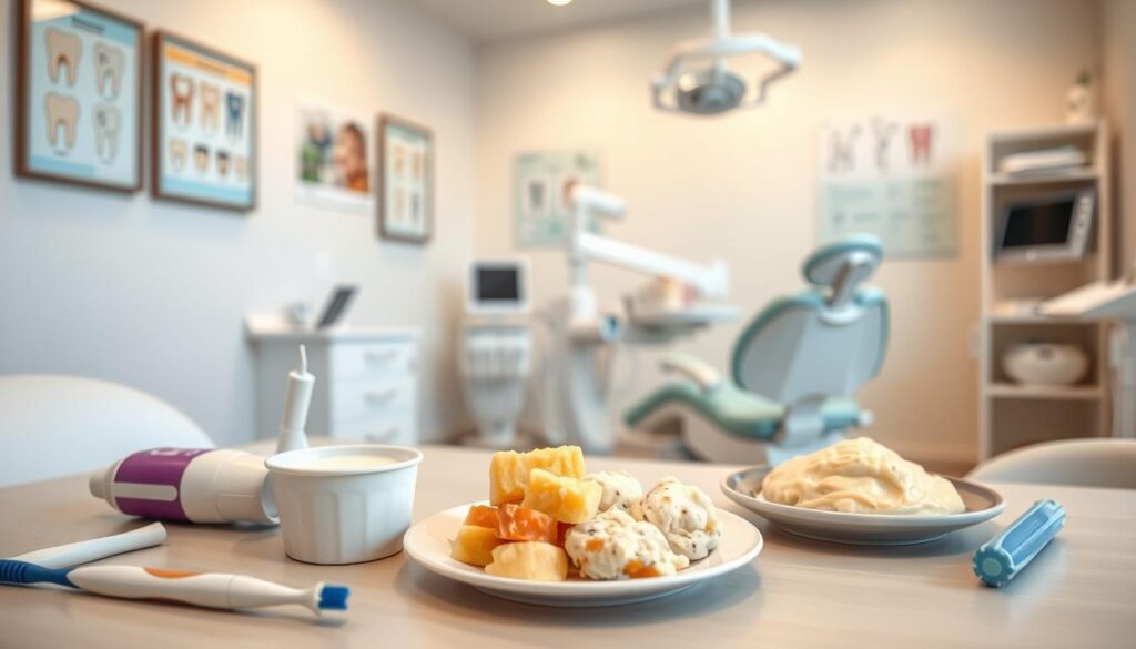 A bright, airy dental office interior. In the foreground, a table with various dental hygiene items - toothbrush, toothpaste, dental floss. On the table, a plate with a small selection of soft, easy-to-chew foods like yogurt, applesauce, and mashed potatoes. In the middle ground, a dental chair and equipment, conveying a sense of preparation for a routine checkup. The background features framed dental health posters and educational diagrams on the walls, creating a calm, informative atmosphere. Soft, diffused lighting illuminates the scene, casting a soothing glow. The overall composition emphasizes the importance of dental health and provides clear visual cues for pre-appointment dietary guidelines. A bright, airy dental office interior. In the foreground, a table with various dental hygiene items - toothbrush, toothpaste, dental floss. On the table, a plate with a small selection of soft, easy-to-chew foods like yogurt, applesauce, and mashed potatoes. In the middle ground, a dental chair and equipment, conveying a sense of preparation for a routine checkup. The background features framed dental health posters and educational diagrams on the walls, creating a calm, informative atmosphere. Soft, diffused lighting illuminates the scene, casting a soothing glow. The overall composition emphasizes the importance of dental health and provides clear visual cues for pre-appointment dietary guidelines.