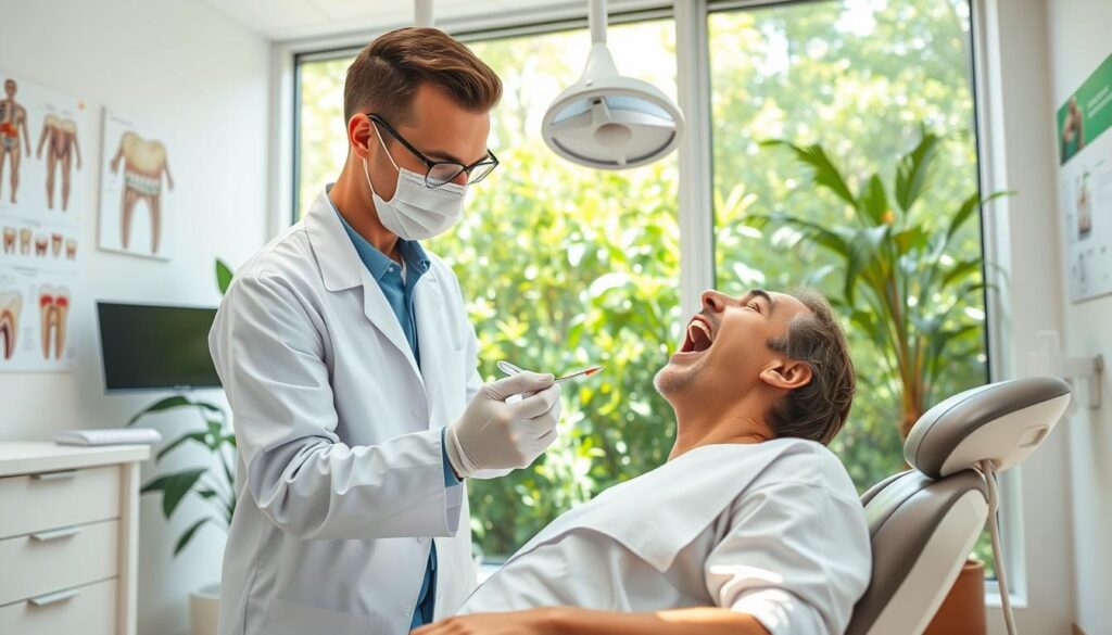 A bright, airy dental office with clean, modern interiors. In the foreground, a dentist in a white coat examines a patient's teeth using a dental mirror and explorer. The patient sits back comfortably in a reclining chair, their mouth open wide. Behind them, a large window overlooking a lush, verdant garden, bathing the scene in soft, natural light. On the walls, anatomical diagrams and dental health posters provide educational context. The overall atmosphere conveys a sense of professionalism, care, and attention to detail, reflecting the importance of regular dental visits and proactive management of oral health conditions.