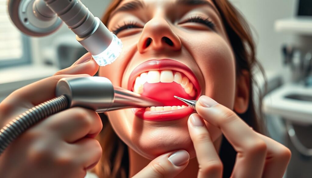 A bright, clean dental office setting with a dental hygienist performing a professional teeth cleaning on a patient. The hygienist is using a high-powered dental suction tool and a metal scaling tool to meticulously remove stains and plaque from the patient's teeth. The patient's mouth is open wide, revealing their teeth in close-up detail. The lighting is warm and focused, illuminating the hygienist's careful work. In the background, dental equipment and tools are neatly organized, conveying a sense of professionalism and attention to oral health. The overall mood is one of care, precision, and the importance of regular dental cleanings for maintaining a bright, healthy smile.