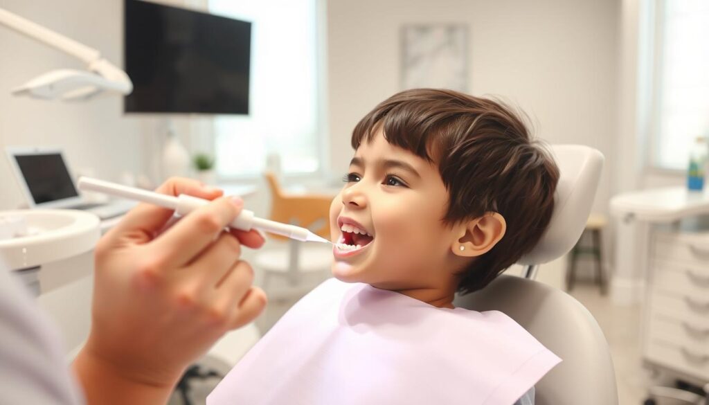 A bright, well-lit dental clinic interior with a child patient sitting in a dental chair. In the foreground, a dentist is carefully applying a fluoride treatment gel to the child's teeth using a small applicator brush. The child's mouth is open, and they have a calm, relaxed expression. In the middle ground, various dental tools and equipment are visible, conveying a professional, clinical atmosphere. The background features soothing, neutral-colored walls and clean, modern furnishings, creating a welcoming and comfortable environment. The overall scene emphasizes the importance of fluoride treatment for children's dental health and the care and attention provided by the dental professionals.