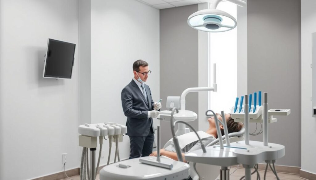 A bright, well-lit dental office with a modern, minimalist aesthetic. In the foreground, a dentist dressed in professional attire stands beside a patient reclining in a sleek, ergonomic dental chair. The dentist is carefully examining the patient's teeth using a dental mirror and probe, conveying a sense of focused attention and care. In the middle ground, an array of state-of-the-art dental instruments and equipment, including a high-powered suction hose and a bright, adjustable overhead lamp, suggests the advanced technology and precision of a professional cleaning. The background features clean, white walls with subtle gray accents, creating a calming and hygienic atmosphere. The overall scene evokes a sense of trust, expertise, and the importance of maintaining optimal oral hygiene.