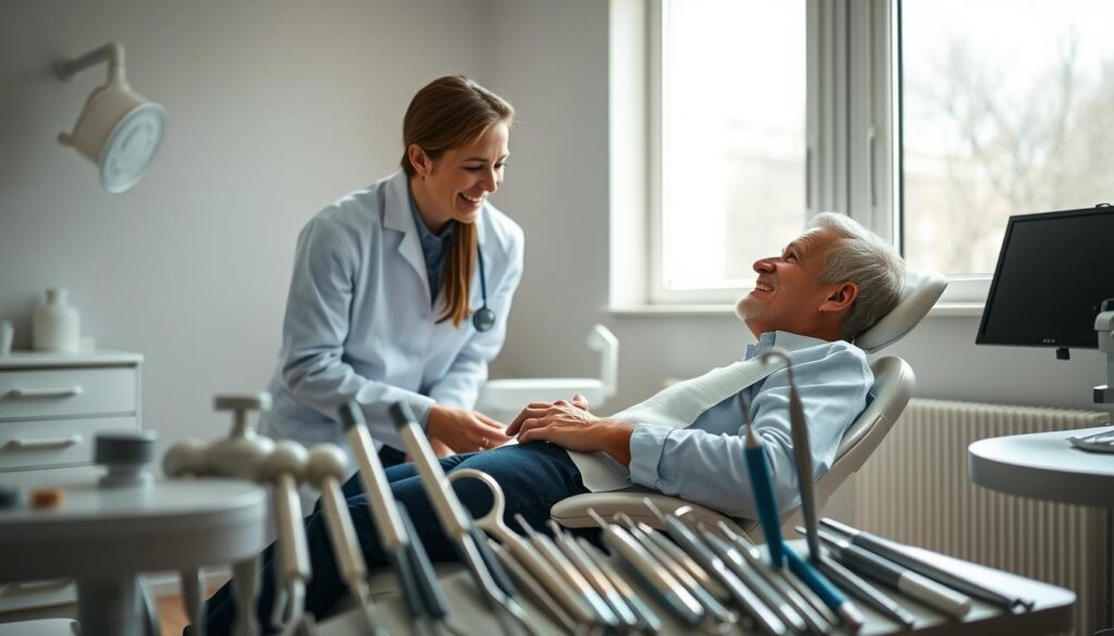 A calming dental office setting, with a patient reclining comfortably in the chair. The dentist leans in, speaking reassuringly, a warm, understanding expression on their face. Soft, natural lighting filters through large windows, creating a soothing, serene atmosphere. The room is minimalist, with clean lines and muted colors, conveying a sense of tranquility. In the foreground, various dental tools and instruments are neatly organized, radiating a sense of professionalism and care. The patient's body language reflects a gradual easing of tension, as they trust the dentist's expertise and kind demeanor. This scene conveys the possibility of overcoming dental anxiety through a compassionate, patient-centered approach.