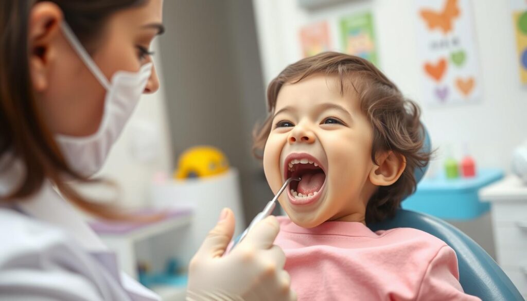 A child sitting in a dentist's chair, their mouth open wide as a friendly dentist in a white coat examines their teeth with a small mirror and probe. The office is brightly lit, with colorful posters and toys in the background to make the child feel at ease. The dentist's expression is warm and reassuring, reflecting the importance of regular checkups for maintaining good oral health from an early age. The scene is captured with a soft, focused lens, emphasizing the care and attention given to the child's dental well-being.