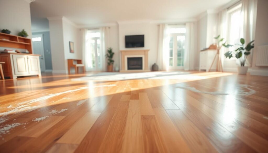 A clean, bright, and spacious living room, showcasing the stark contrast between deep cleaning and regular house cleaning. In the foreground, the deep cleaned area features gleaming hardwood floors, meticulously dusted surfaces, and spotless windows, conveying a sense of pristine and thorough cleanliness. The middle ground reveals a hazy, slightly cluttered space, representing the regular house cleaning routine, with some minor dust accumulation and a slightly disorganized layout. The background fades into a warm, soft-focused ambiance, emphasizing the tranquility and serenity of a well-maintained home. The image is captured with a wide-angle lens, providing a comprehensive view of the contrasting cleaning methods, and is illuminated by natural light streaming through the windows, creating a serene and inviting atmosphere.