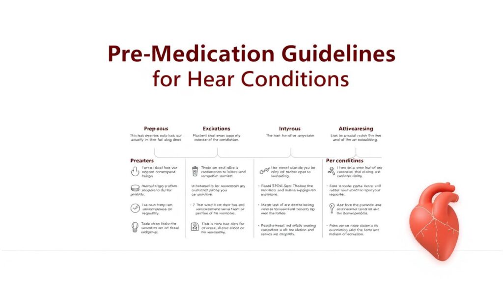 A clean, clinical medical illustration depicting the "Pre-Medication Guidelines for Heart Conditions". A detailed diagram against a bright, sterile white background, showcasing the key steps and recommendations in a well-organized layout. The foreground features neatly labeled icons and infographic elements illustrating the guidelines, with a legible, authoritative typography. The middle ground includes subtle anatomical references, such as a simplified heart silhouette, to reinforce the medical context. The background has a subtle grid or blueprint pattern, conveying a sense of structure and precision. Warm, neutral lighting casts an even, professional tone, while a high-resolution, photorealistic rendering style ensures clarity and visual impact.