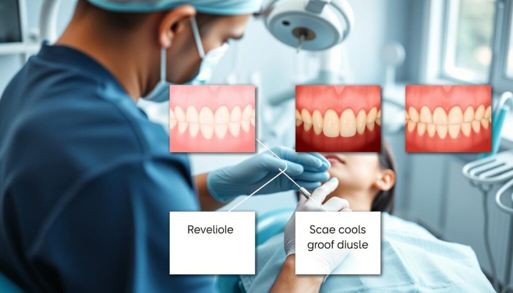 A clinical dental setting with a dentist's chair and various dental instruments, including a dental mirror, probe, and scaler. The dentist is examining the patient's gums, showcasing different gum disease treatment options such as deep cleaning, scaling and root planing. The image has a clean, professional atmosphere with bright, natural lighting and a subtle blue and white color palette to convey a sense of medical expertise and care. The focus is on the dentist's hands and the patient's gums, emphasizing the importance of proper gum care and treatment.