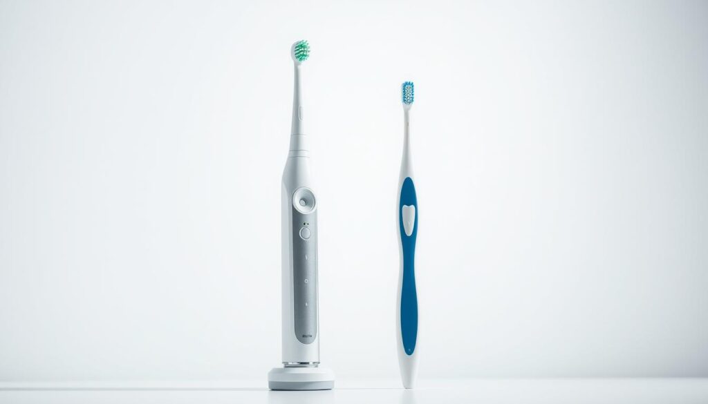 A close-up, highly detailed comparison of an electric and a manual toothbrush against a clean, minimalist background. The electric toothbrush is shown in the foreground, its sleek modern design and high-tech features prominently displayed. The manual toothbrush is placed beside it, its simple yet effective design conveying traditional dental hygiene. Bright, natural lighting illuminates the scene, highlighting the contrast between the two brushes and emphasizing their unique qualities. The overall mood is one of clinical precision and scientific inquiry, inviting the viewer to closely examine the distinct benefits of each type of toothbrush.