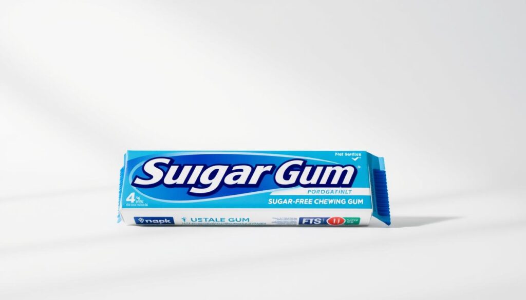 A close-up of a pack of sugar-free chewing gum against a clean, white background, with a soft, natural lighting that emphasizes the details of the gum's packaging. The gum itself is prominently displayed, its vibrant colors and sleek design conveying a sense of dental hygiene and freshness. The composition is well-balanced, with the gum positioned in the center of the frame, allowing the viewer to focus on the product's key features. The overall mood is one of simplicity, cleanliness, and a subtle emphasis on the gum's role in maintaining oral health between dental visits.
