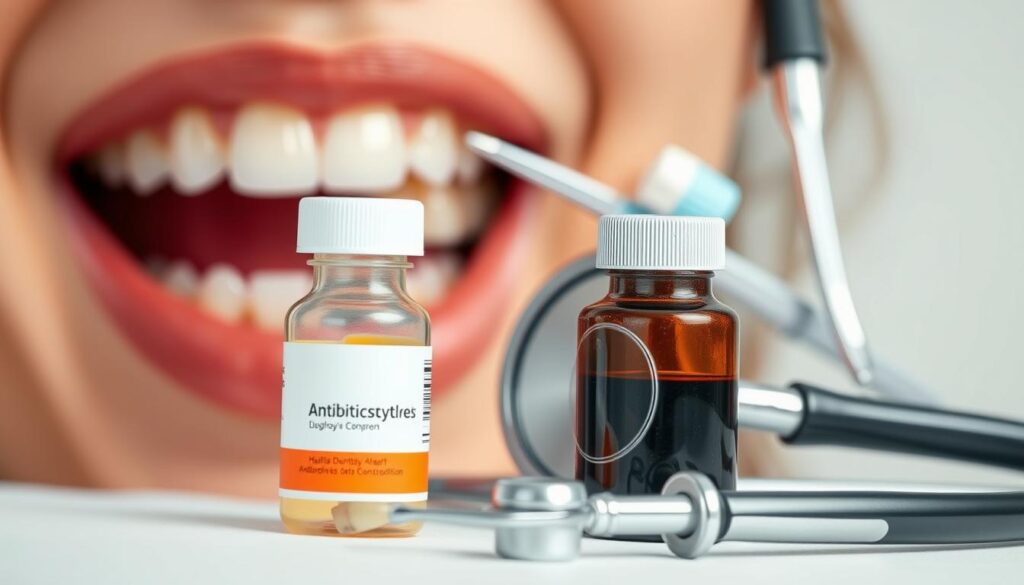 A close-up photograph of a person's mouth, highlighting the teeth and gums, against a clean, clinical background. The focus is on the dental tools and instruments used for a cleaning procedure, including a toothbrush, dental mirror, and dental probe. In the foreground, a bottle of antibiotics and a stethoscope symbolize the connection between dental health and heart condition. Soft, diffused lighting emphasizes the details, creating a sense of medical precision and care. The composition conveys the importance of proper dental hygiene and the role of antibiotics in maintaining overall health.