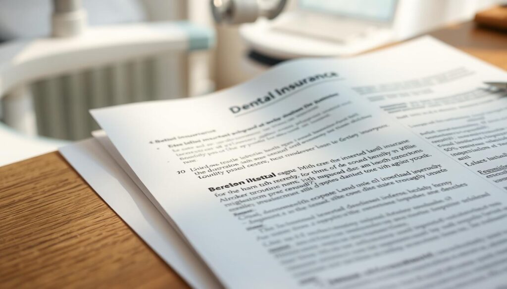 A close-up view of a dental insurance document, its pages slightly worn and crumpled, resting on a wooden desk. The text on the pages is legible, outlining the coverage details for broken tooth repair. The lighting is soft and natural, casting gentle shadows across the document. In the background, a blurred image of a dentist's office or dental equipment, hinting at the medical context. The overall mood is one of informative clarity, subtly suggesting the importance of understanding dental insurance policies.