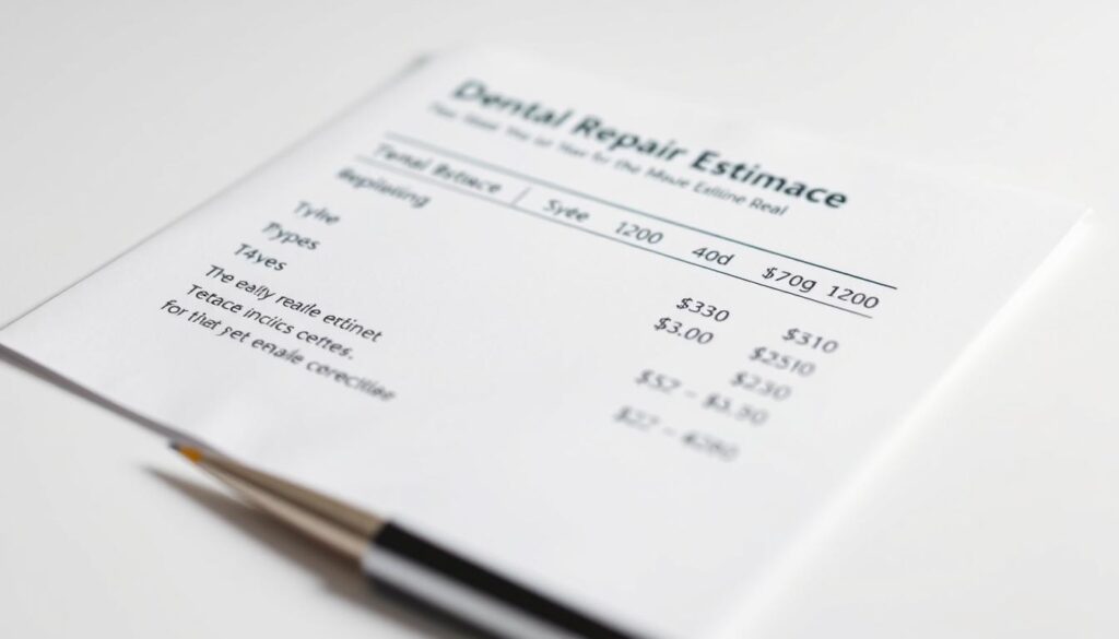 A close-up view of a dental repair estimate document, meticulously rendered with a shallow depth of field. The document is placed on a clean, crisp white background, casting soft, even lighting across the surface. The text and numerical details are legibly displayed, conveying a sense of professionalism and attention to detail. The paper's texture and subtle shadows add depth and realism to the scene. The composition emphasizes the estimate's central role, highlighting the types of dental procedures and their associated costs in a clear, organized manner. The overall atmosphere is one of clinical precision, reflecting the expertise of the dental professionals involved in the repair process. A close-up view of a dental repair estimate document, meticulously rendered with a shallow depth of field. The document is placed on a clean, crisp white background, casting soft, even lighting across the surface. The text and numerical details are legibly displayed, conveying a sense of professionalism and attention to detail. The paper's texture and subtle shadows add depth and realism to the scene. The composition emphasizes the estimate's central role, highlighting the types of dental procedures and their associated costs in a clear, organized manner. The overall atmosphere is one of clinical precision, reflecting the expertise of the dental professionals involved in the repair process.