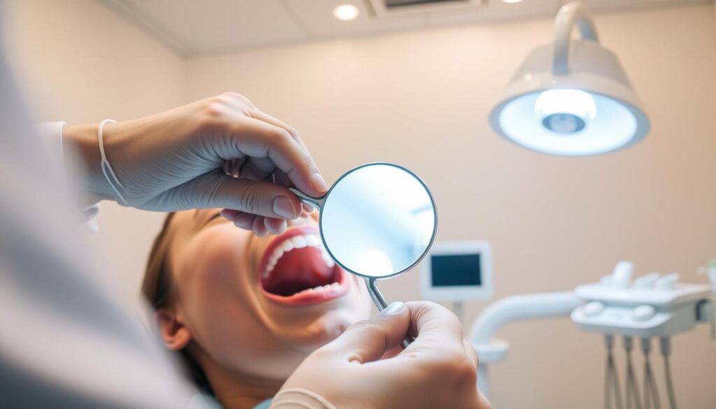 A close-up view of a dentist's hand holding a dental mirror, examining a patient's open mouth, illuminated by a bright overhead light. In the background, a sleek, modern dental examination chair and equipment stand ready, conveying the importance of regular dental check-ups. The scene exudes a sense of professionalism and attention to detail, underscoring the crucial role of dental exams in maintaining oral health and well-being.
