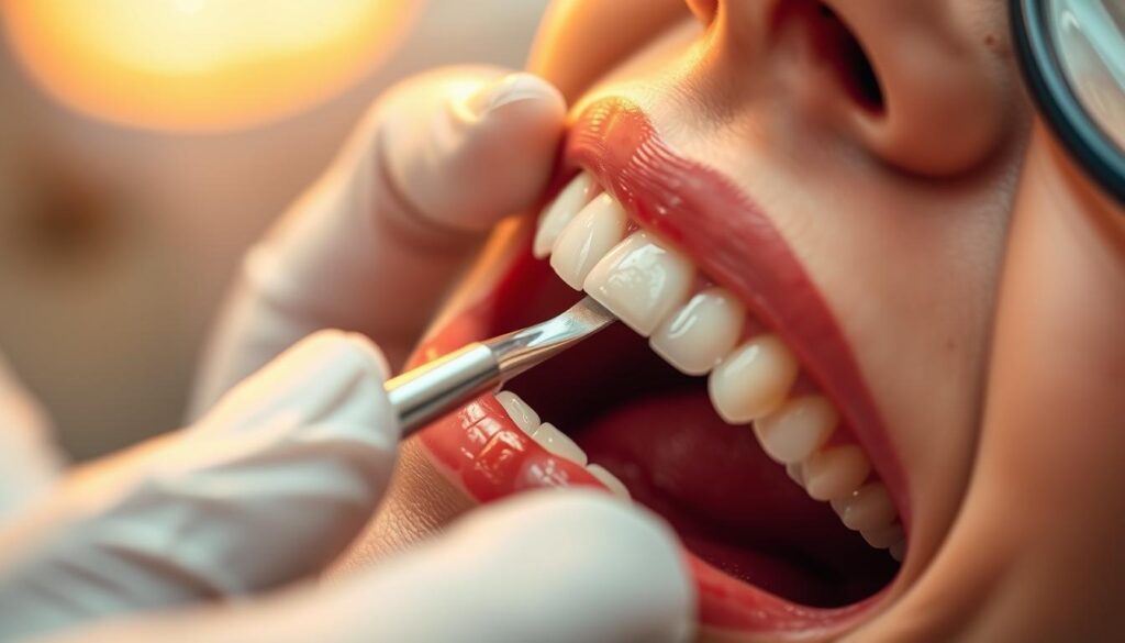 A close-up view of a dentist's hand using a dental tool to gently scrape and polish the surface of a patient's tooth, revealing a bright, stain-free enamel. The treatment is performed under bright, warm lighting that illuminates the intricate details of the teeth. The background is blurred, keeping the focus on the delicate cleaning process. The mood is one of precision, care, and the restoration of a healthy, vibrant smile.