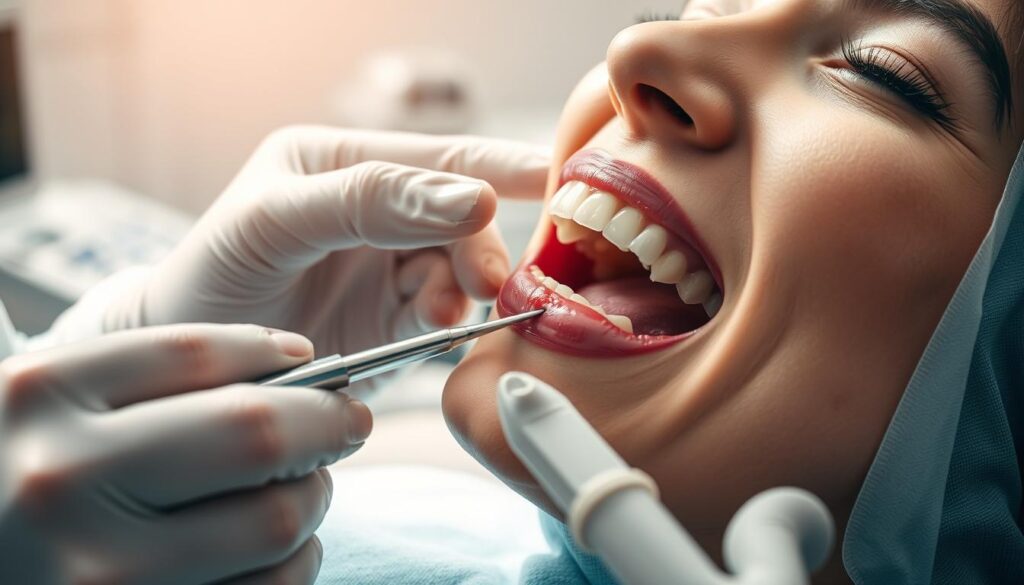A close-up view of a dentist's hands gently probing a patient's gums during a routine dental cleaning. The lighting is warm and natural, accentuating the textures of the teeth and gums. The dentist's movements are precise and careful, showcasing the importance of meticulous oral hygiene practices. In the background, a state-of-the-art dental chair and equipment convey a modern, well-equipped dental clinic. The overall scene emphasizes the value of regular dental visits in maintaining optimal gum health and preventing issues like bleeding during cleanings.