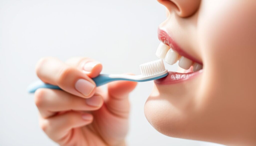 A close-up view of a person's hand holding a toothbrush and gently brushing their dental implant against a clean, neutral background. Soft, natural lighting illuminates the scene, creating a calming, hygienic atmosphere. The brush head is visible, showcasing the specialized bristles designed for implant care. The person's fingers are positioned carefully, demonstrating proper technique for thoroughly cleaning the implant surface. The image focuses on the act of daily oral hygiene, emphasizing the importance of meticulous implant maintenance for long-term dental health.