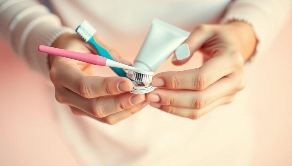 A close-up view of a person's hands holding a toothbrush, toothpaste, and dental floss against a soft, pastel-colored background. The image conveys a sense of personal care and attention to oral hygiene. The lighting is warm and diffused, creating a cozy, inviting atmosphere. The composition is balanced, with the tools of dental care neatly arranged in the foreground. The background is blurred, allowing the focus to remain on the personalized nature of the routine. The overall mood is one of mindfulness and attention to detail in maintaining a healthy smile.