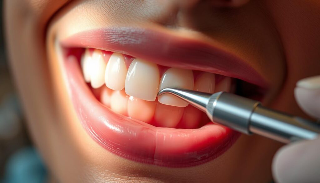A close-up view of a person's mouth, showcasing healthy pink gums and teeth during a dental cleaning procedure. The scene is illuminated by a soft, warm light that highlights the intricate details of the oral cavity. The dental hygienist's gloved hands are carefully removing plaque and tartar, ensuring thorough cleaning while minimizing any potential gum irritation or bleeding. The background is slightly blurred, placing the focus on the delicate process unfolding in the foreground. The overall mood conveys a sense of professionalism, care, and attention to detail, emphasizing the importance of maintaining good oral hygiene.