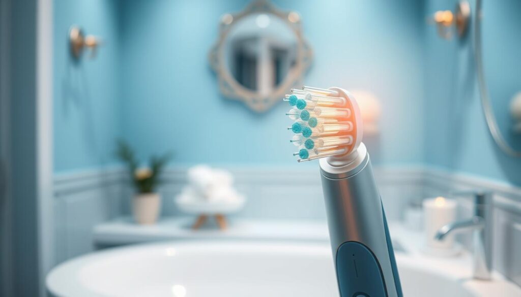 A close-up view of a sparkling clean electric toothbrush, its bristles gently glowing in soft, warm lighting. In the background, a serene blue-tinted bathroom, with elegant fixtures and a sense of calm and relaxation. The toothbrush hovers in the foreground, its sleek, modern design showcasing the advanced features that make it superior to a manual brush - intelligent pressure control, timer, and oscillating-rotating motion for a deeper, more thorough clean. The scene evokes a feeling of dental care that is both efficient and luxurious, highlighting the benefits of incorporating an electric toothbrush into one's daily routine.