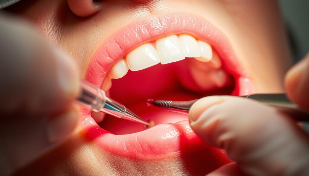 A close-up view of gums during a dental cleaning, showcasing the use of dental tools and techniques to prevent gum bleeding. The scene is illuminated by a warm, soft lighting that highlights the intricate textures of the gums and the precise movements of the dentist's hands. The background is blurred, placing the focus on the interaction between the dentist and the patient's mouth. The overall mood is one of professionalism and care, conveying the importance of maintaining healthy gums through proper dental hygiene and preventative measures.