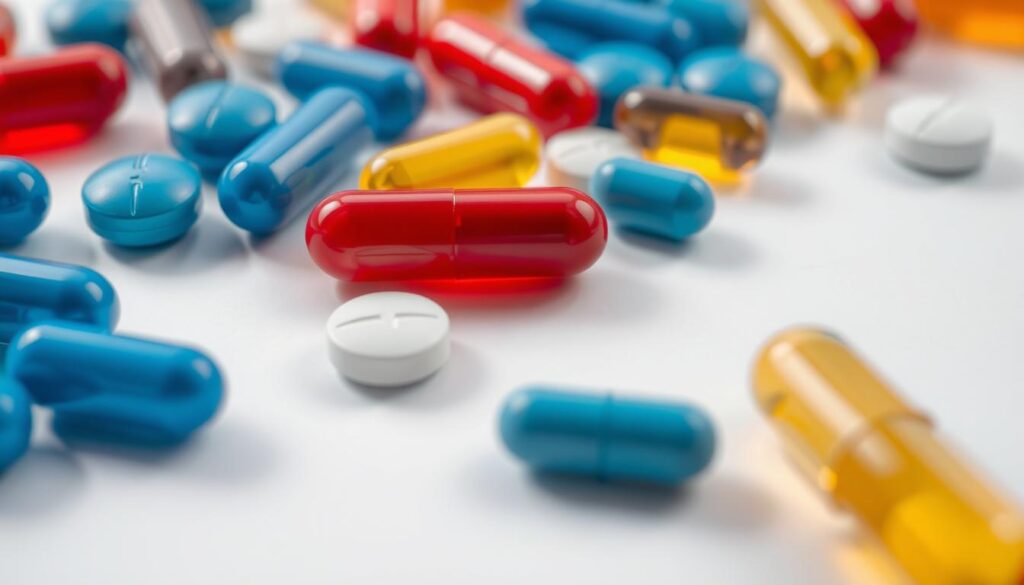 A close-up view of various antibiotics for heart conditions, arranged neatly on a clean, white background. The pills and capsules are in shades of blue, red, and yellow, casting subtle shadows and reflections. The lighting is soft and directional, highlighting the textures and details of the medications. The composition is balanced and organized, conveying a sense of medical precision and care. The overall mood is one of clinical efficacy and importance, underscoring the vital role these antibiotics play in maintaining heart health.