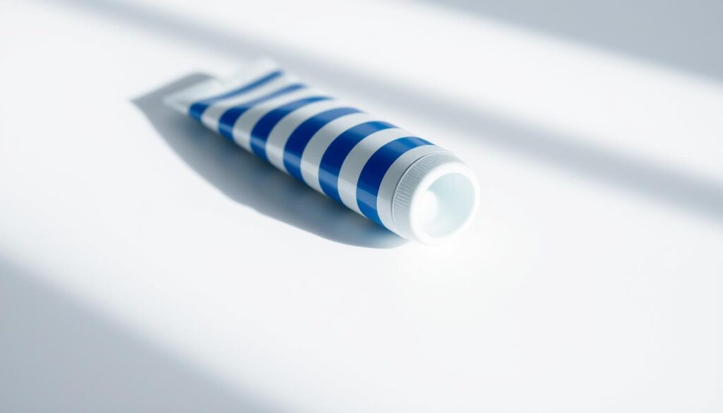 A closeup view of a vibrant blue and white striped toothpaste tube, resting on a pristine white surface. The tube is positioned at a slight angle, casting a soft shadow that adds depth and dimensionality to the scene. The toothpaste itself is visible through the transparent cap, its creamy texture and glistening sheen evocative of its cleansing and refreshing properties. Soft, diffused lighting illuminates the image, creating a sense of clarity and clinical precision that reflects the importance of dental hygiene. The overall composition and attention to detail convey a sense of professionalism and expertise, perfectly suited to illustrate the "Overview of Dental Cleaning Practices" section of the article.