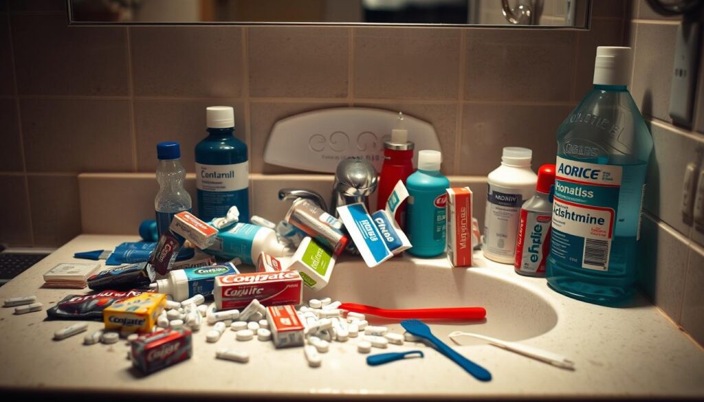 A cluttered bathroom countertop, dimly lit, with various over-the-counter bad breath remedies scattered about - mints, mouthwash, toothpaste, tongue scrapers. The items are in disarray, hinting at the user's desperation to find a solution. The overall scene conveys a sense of frustration and a lack of lasting resolution to the issue of chronic halitosis, despite the abundance of products. The image should emphasize the idea that dental cleanings alone may not be enough to address the root causes of persistent bad breath.
