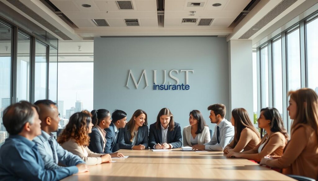 A corporate office setting with a bright, airy atmosphere. In the foreground, a group of diverse employees are gathered around a conference table, engaged in discussion. The middle ground features a large window overlooking a cityscape, symbolizing the connection between employer and employee. In the background, the company's logo is prominently displayed on the wall, indicating the employer's role in providing insurance coverage. The lighting is natural, with soft shadows and highlights accentuating the professional yet approachable environment. The angle is slightly elevated, creating a sense of authority and oversight. The overall mood is one of collaboration, trust, and the security of employer-sponsored benefits.