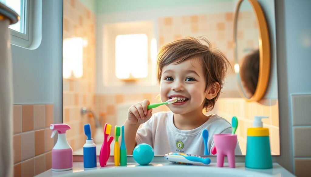 A cozy bathroom scene with a smiling young child brushing their teeth in front of a mirror, surrounded by playful dental hygiene props. The child's face is illuminated by warm, natural lighting filtering through a window, casting a gentle glow. In the background, pastel-colored bathroom tiles and a sink create a welcoming, family-friendly atmosphere. Colorful toothbrushes, toothpaste, and other dental care items are neatly arranged on the counter, inviting the child to engage in their daily dental routine. The overall mood is playful, educational, and promotes good oral hygiene habits.
