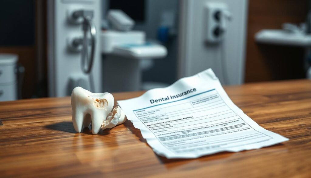 A crumpled dental insurance claim form lies on a wooden desk, its corners curled and edges frayed, next to a broken ceramic molar. Soft, diffused lighting casts gentle shadows, accentuating the weathered textures. In the background, a blurred image of a dentist's office, with its sterile equipment and clinical atmosphere, serves as a subtle reminder of the medical context. The composition conveys a sense of frustration and uncertainty, reflecting the challenges of navigating dental insurance coverage for a broken tooth.