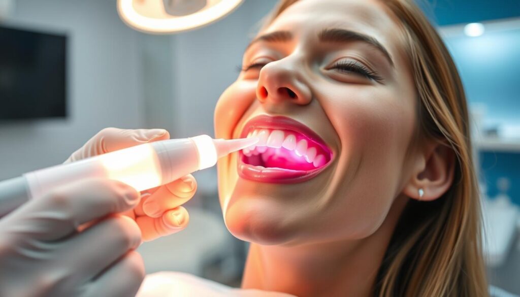 A dental hygienist gently applying fluoride gel to a patient's teeth, the bright LED dental light casting a warm glow across the scene. In the foreground, the hygienist's gloved hands meticulously coating each tooth with the clear, viscous solution. The patient's mouth is slightly open, their face serene and relaxed. In the background, the clean, sterile dental office environment is visible, with sleek medical equipment and a calming blue accent wall. The image conveys the professional, efficient, and caring nature of the fluoride application process during a routine dental cleaning.