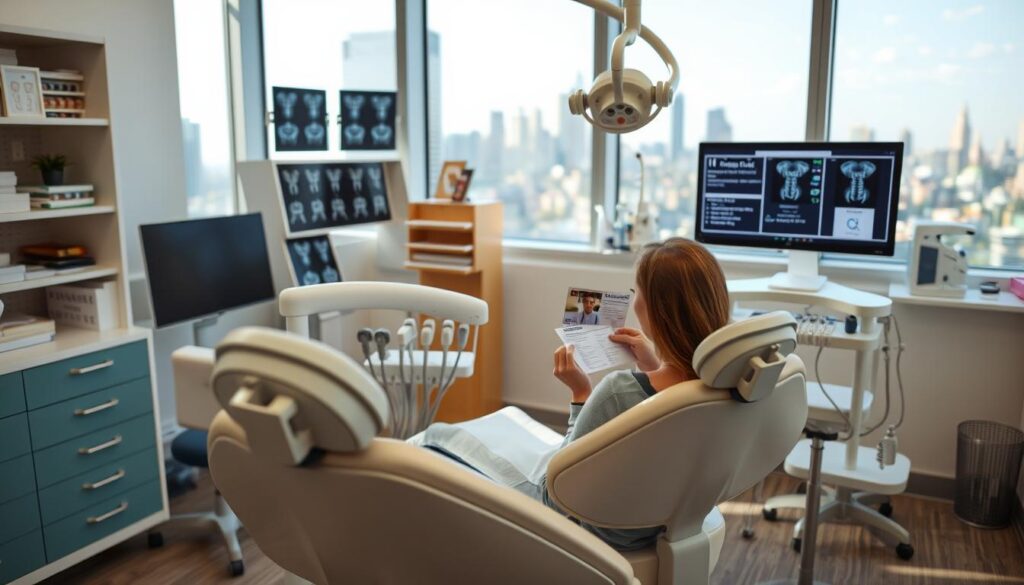 A dental office interior with a large window overlooking a city skyline. In the foreground, a dental chair and equipment, conveying the professional setting. In the middle ground, a patient sitting in the chair, examining a dental insurance card. The background features shelves of medical supplies, x-ray displays, and a computer monitor displaying insurance coverage details. The lighting is soft and natural, creating a calming atmosphere. The camera angle is slightly elevated, providing a comprehensive view of the scene.